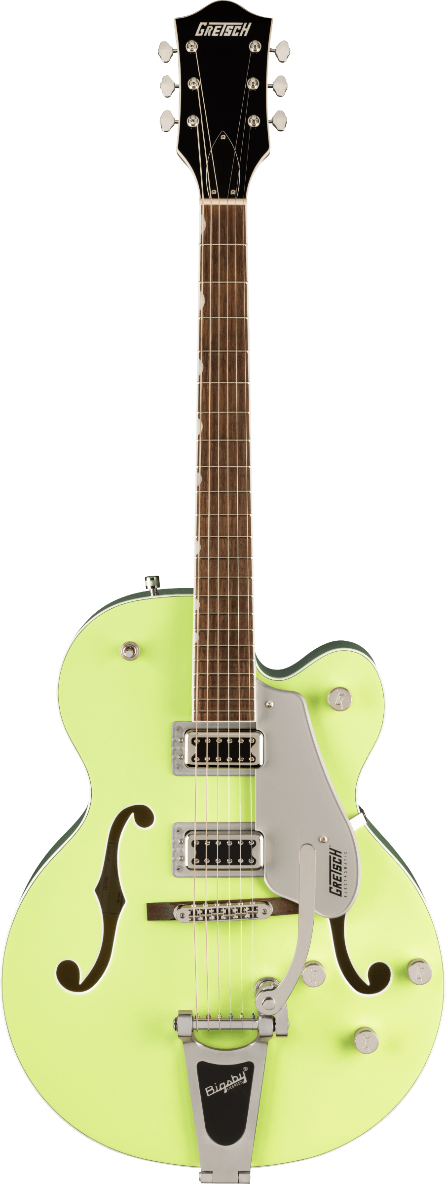 Full frontal of Gretsch G5420T Electromatic Classic Hollow Body SingleCut with Bigsby Laurel TwoTone Anniversary Green.