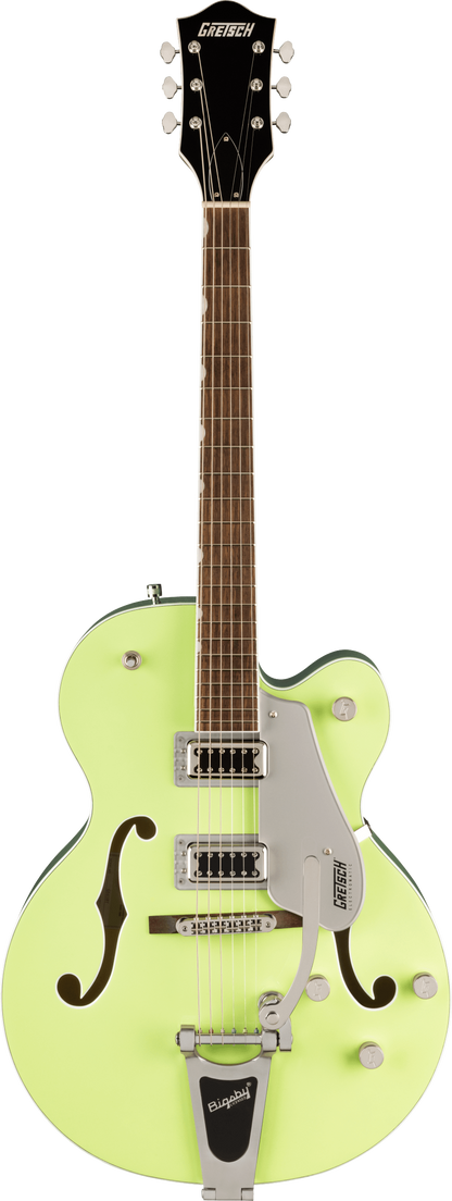 Full frontal of Gretsch G5420T Electromatic Classic Hollow Body SingleCut with Bigsby Laurel TwoTone Anniversary Green.