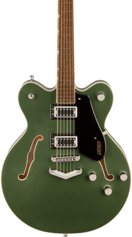 Front of Gretsch G5622 Electromatic Center Block Double Cut with V Stoptail Laurel Olive Metallic.