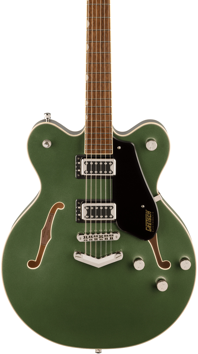 Front of Gretsch G5622 Electromatic Center Block Double Cut with V Stoptail Laurel Olive Metallic.