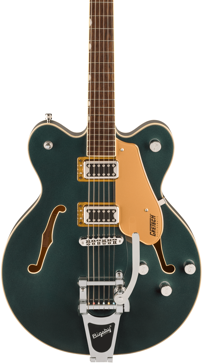 Front of Gretsch G5622T Electromatic Center Block DoubleCut with Bigsby Laurel Cadillac Green.