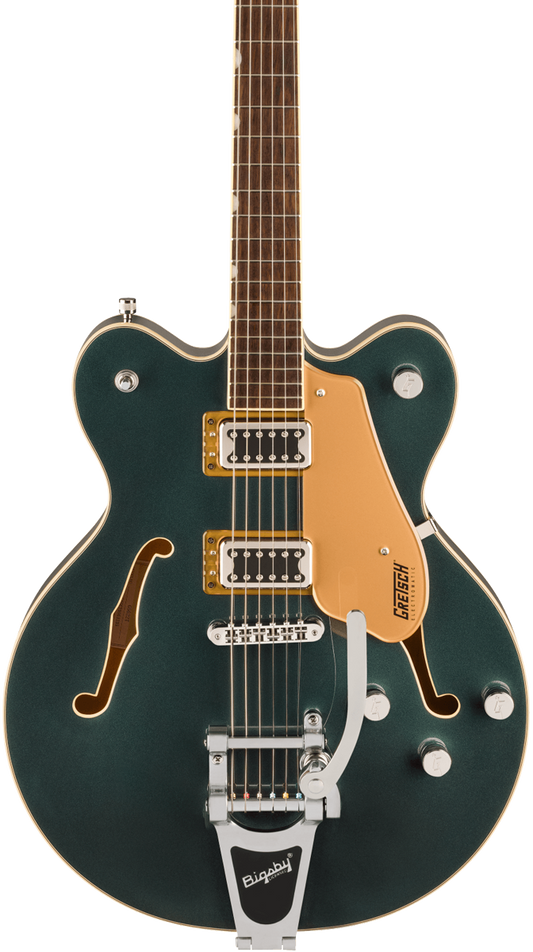 Front of Gretsch G5622T Electromatic Center Block DoubleCut with Bigsby Laurel Cadillac Green.