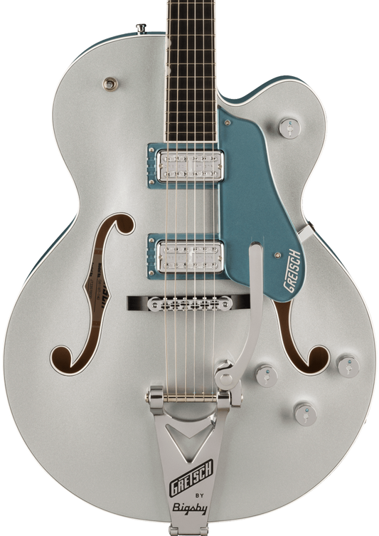 Front of Gretsch G6118T-140 LTD 140th Double Platinum Anniversary w/String-Thru Bigsby Two-Tone Pure Platinum/Stone Platinum.