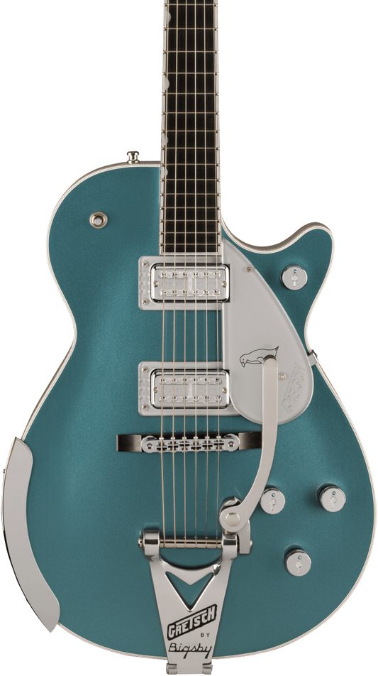 Front of Gretsch G6134T-140 PRO 140TH PENGUIN Two-Tone Stone Platinum Pure Platinum.