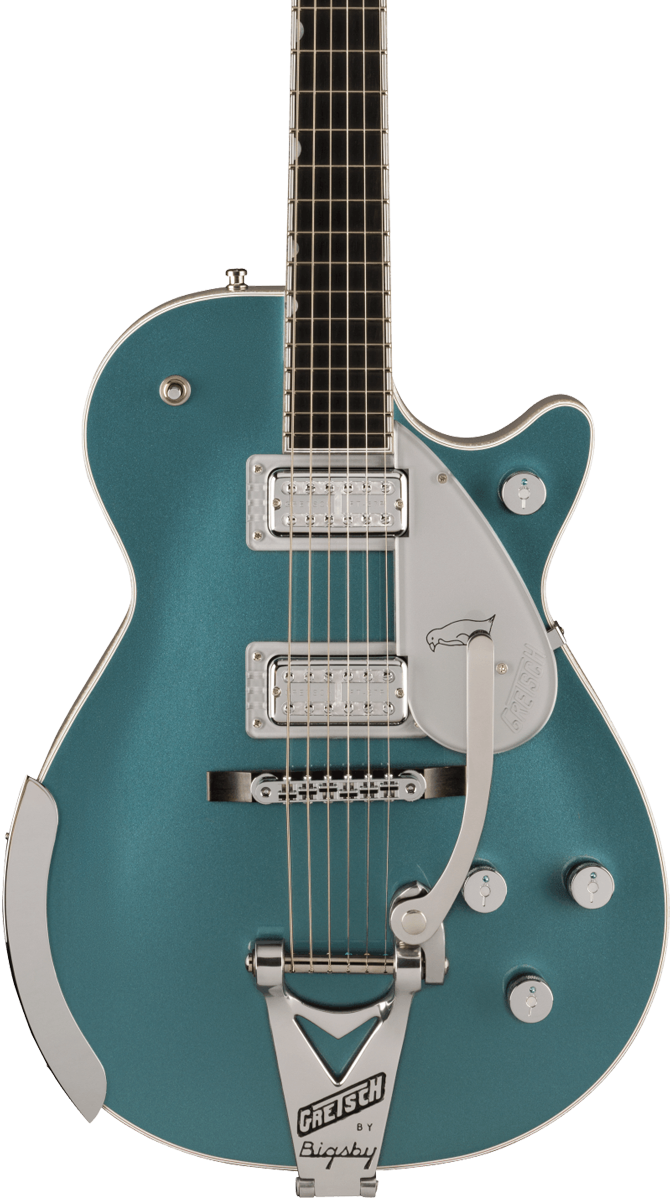 Front of Gretsch G6134T-140 PRO 140TH PENGUIN Two-Tone Stone Platinum Pure Platinum.
