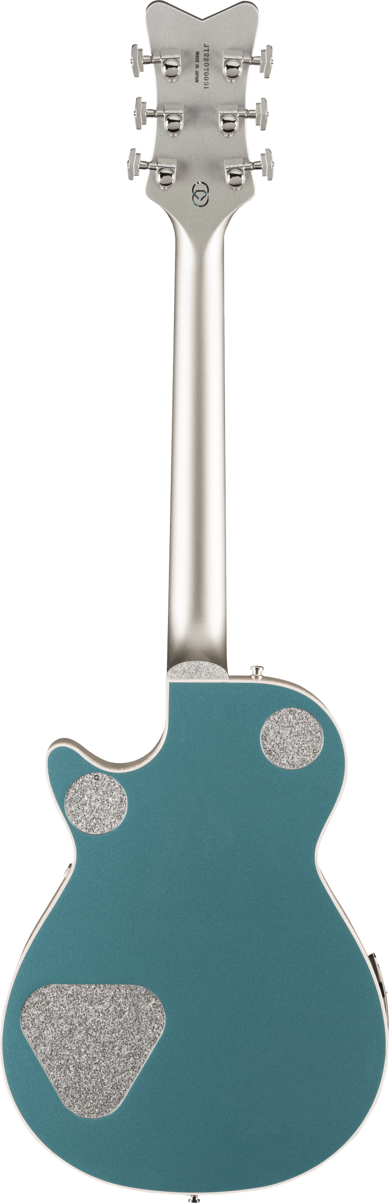 Back of Gretsch G6134T-140 PRO 140TH PENGUIN Two-Tone Stone Platinum Pure Platinum.