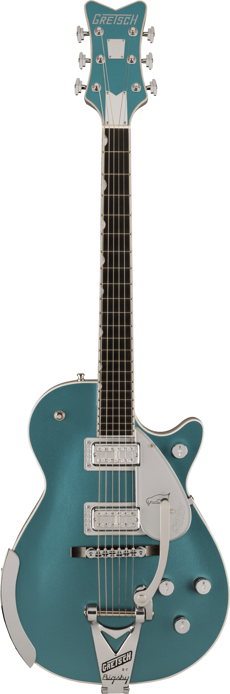 Full frontal of Gretsch G6134T-140 PRO 140TH PENGUIN Two-Tone Stone Platinum Pure Platinum.