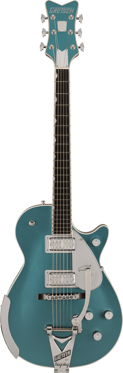 Full frontal of Gretsch G6134T-140 PRO 140TH PENGUIN Two-Tone Stone Platinum Pure Platinum.