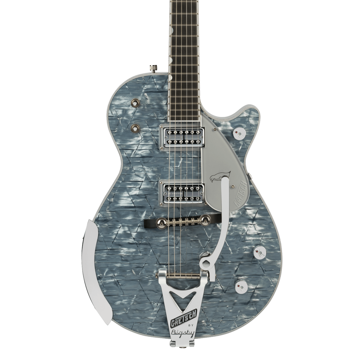 Front of Gretsch G6134T-58 Limited Edition Penguin with String-Thru Bigsby Light Blue Pearl.