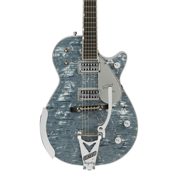Front of Gretsch G6134T-58 Limited Edition Penguin with String-Thru Bigsby Light Blue Pearl.