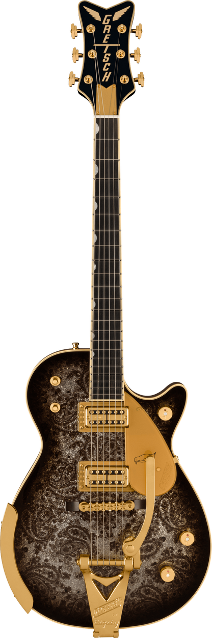 Full frontal of Gretsch G6134TG Limited Edition Paisley Penguin w/String-Thru Bigsby Black Paisley.