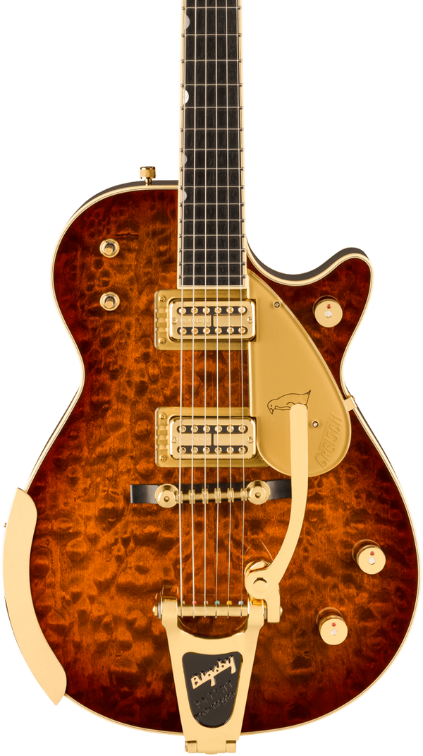 Front of Gretsch G6134TGQM59 Limited Edition Quilt Classic Penguin with Bigsby Ebony Forge Glow.