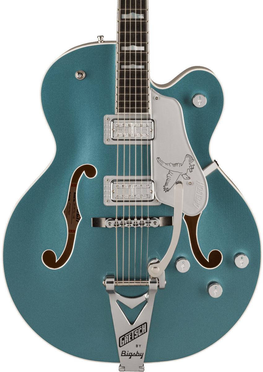 Front of Gretsch G6136T-140 Limited 140th Double Platinum Falcon w/String-Thru Bigsby Two-Tone Stone Platinum/Pure Platinum.