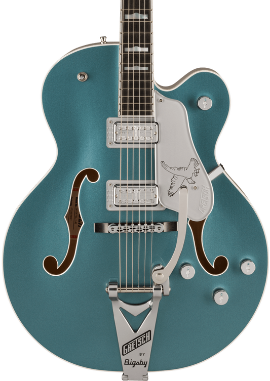 Front of Gretsch G6136T-140 Limited 140th Double Platinum Falcon w/String-Thru Bigsby Two-Tone Stone Platinum/Pure Platinum.