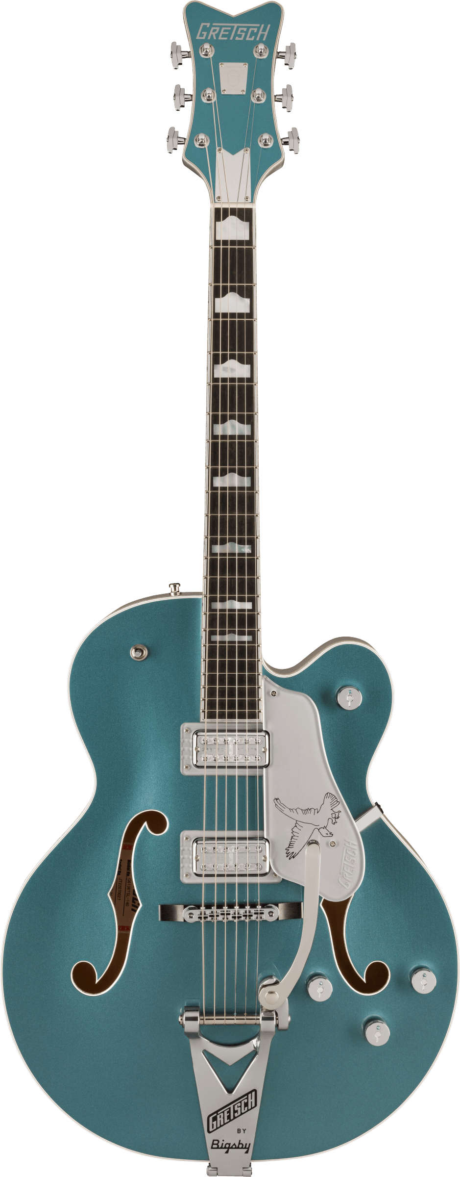 Full frontal of Gretsch G6136T-140 Limited 140th Double Platinum Falcon w/String-Thru Bigsby Two-Tone Stone Platinum/Pure Platinum.