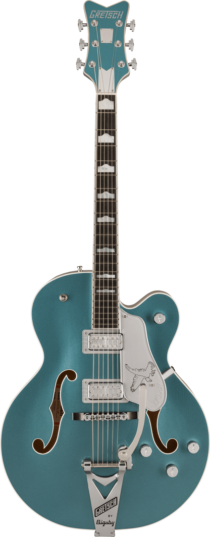 Full frontal of Gretsch G6136T-140 Limited 140th Double Platinum Falcon w/String-Thru Bigsby Two-Tone Stone Platinum/Pure Platinum.