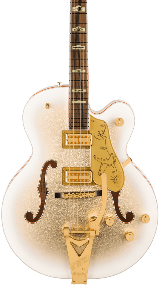 Front of Gretsch G6136TGOR Limited Edition Orville Peck Falcon with String-Thru Bigsby Ebony Oro Sparkle.