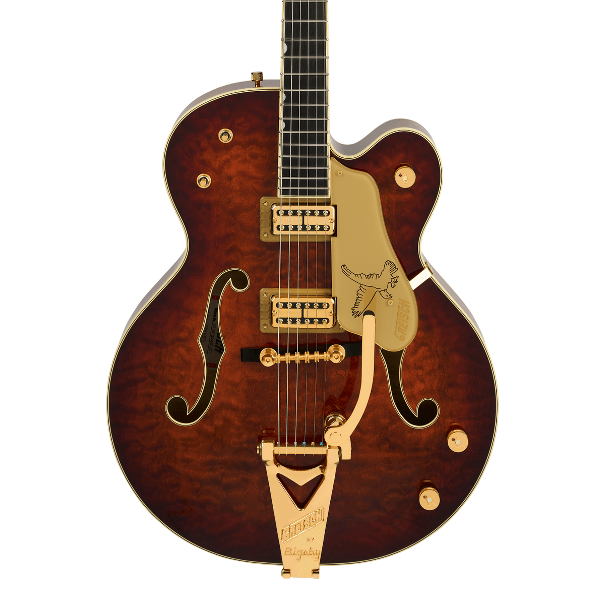 Front of Gretsch G6136TGQM-59 Limited Edition Quilt Classic Falcon Bigsby Forge Glow.