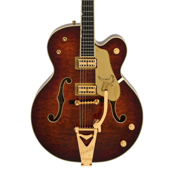 Front of Gretsch G6136TGQM-59 Limited Edition Quilt Classic Falcon Bigsby Forge Glow.