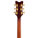 Back of headstock of Gretsch G6136TGQM-59 Limited Edition Quilt Classic Falcon Bigsby Forge Glow.