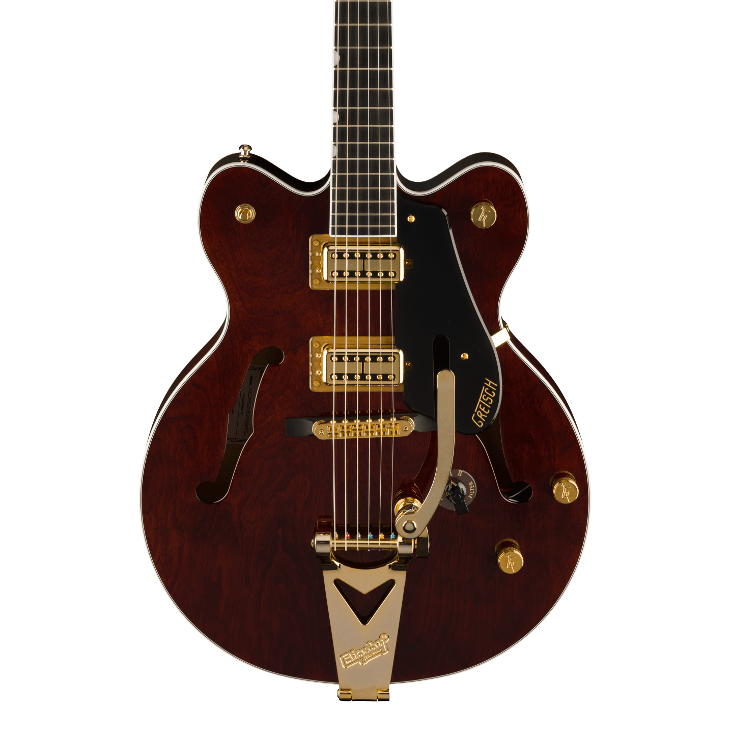 Front of Gretsch Limited Edition Abbey Road Studiomatic Hollow Body wBigsby Gold Hardware EBClassic Walnut Stain.