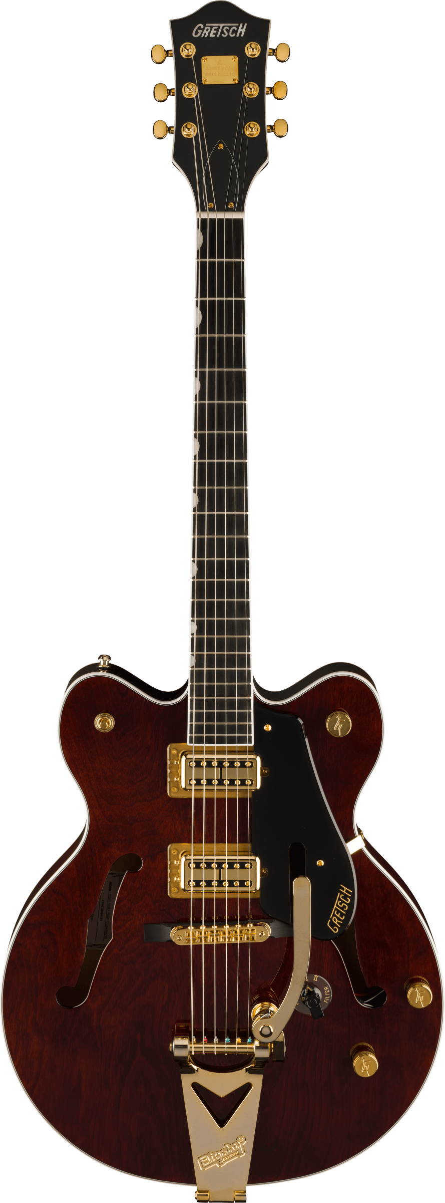 Full frontal of Gretsch Limited Edition Abbey Road Studiomatic Hollow Body wBigsby Gold Hardware EBClassic Walnut Stain.