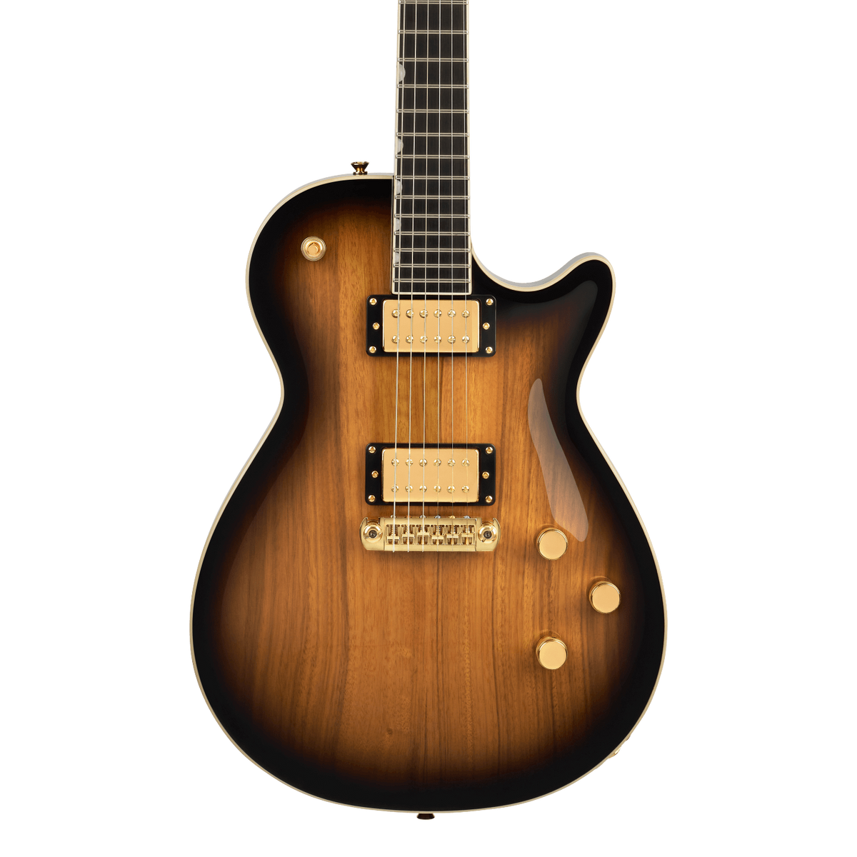 Front of Gretsch Limited Edition Electromatic Black Limba Jet Ebony Sunburst.