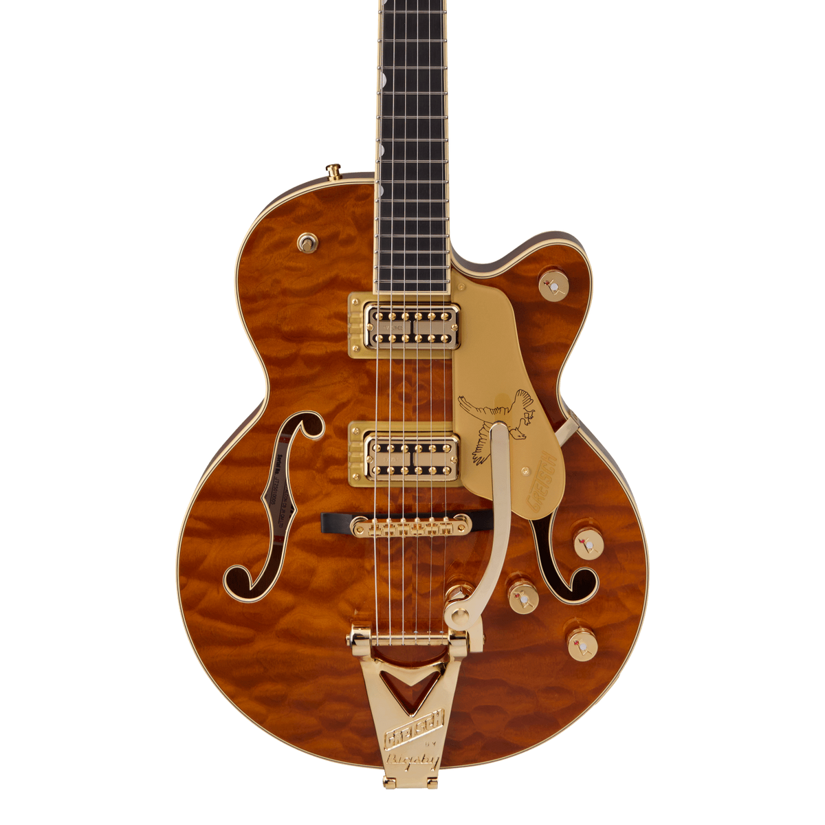 Front of Gretsch Limited Edition Falcon Center Block Jr. Bigsby Quilted Maple Ebony Roundup Orange.