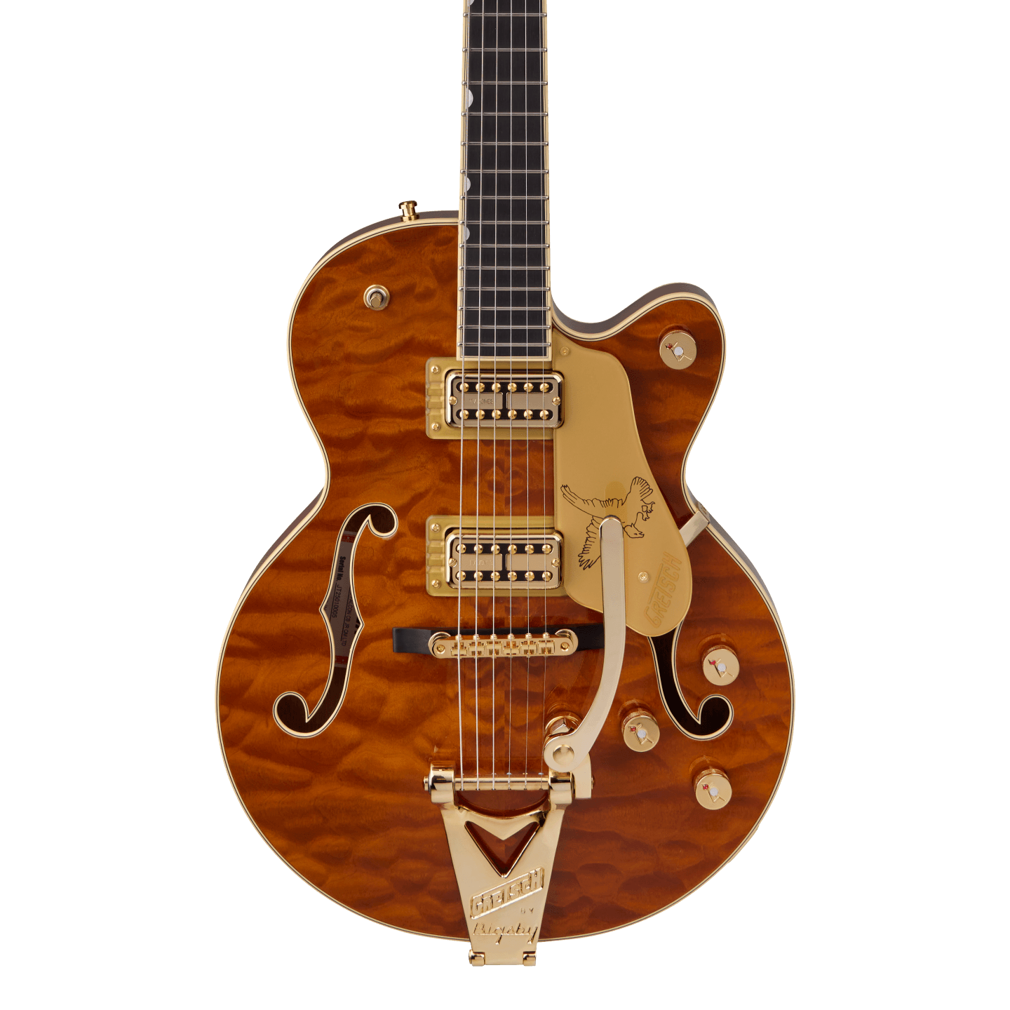 Front of Gretsch Limited Edition Falcon Center Block Jr. Bigsby Quilted Maple Ebony Roundup Orange.