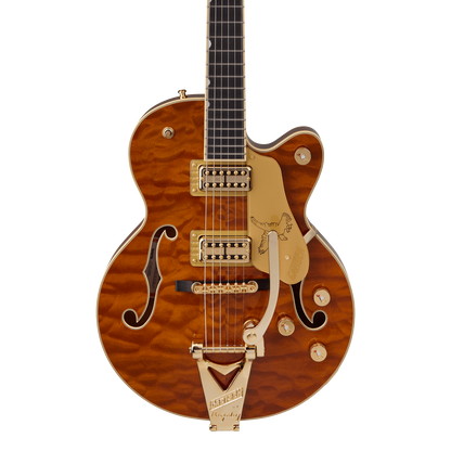 Front of Gretsch Limited Edition Falcon Center Block Jr. Bigsby Quilted Maple Ebony Roundup Orange.