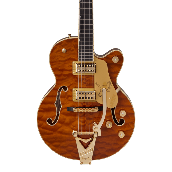 Front of Gretsch Limited Edition Falcon Center Block Jr. Bigsby Quilted Maple Ebony Roundup Orange.