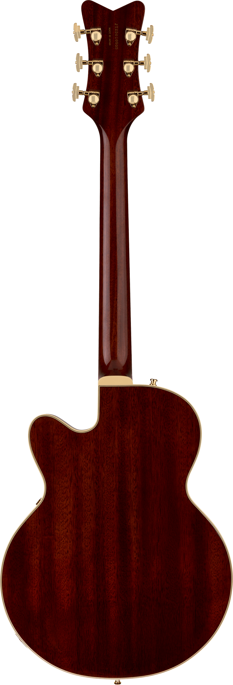 Back of Gretsch Limited Edition Falcon Center Block Jr. Bigsby Quilted Maple Ebony Roundup Orange.