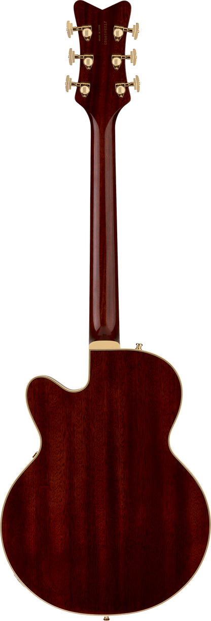 Back of Gretsch Limited Edition Falcon Center Block Jr. Bigsby Quilted Maple Ebony Roundup Orange.