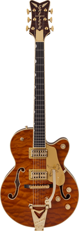 Full frontal of Gretsch Limited Edition Falcon Center Block Jr. Bigsby Quilted Maple Ebony Roundup Orange.