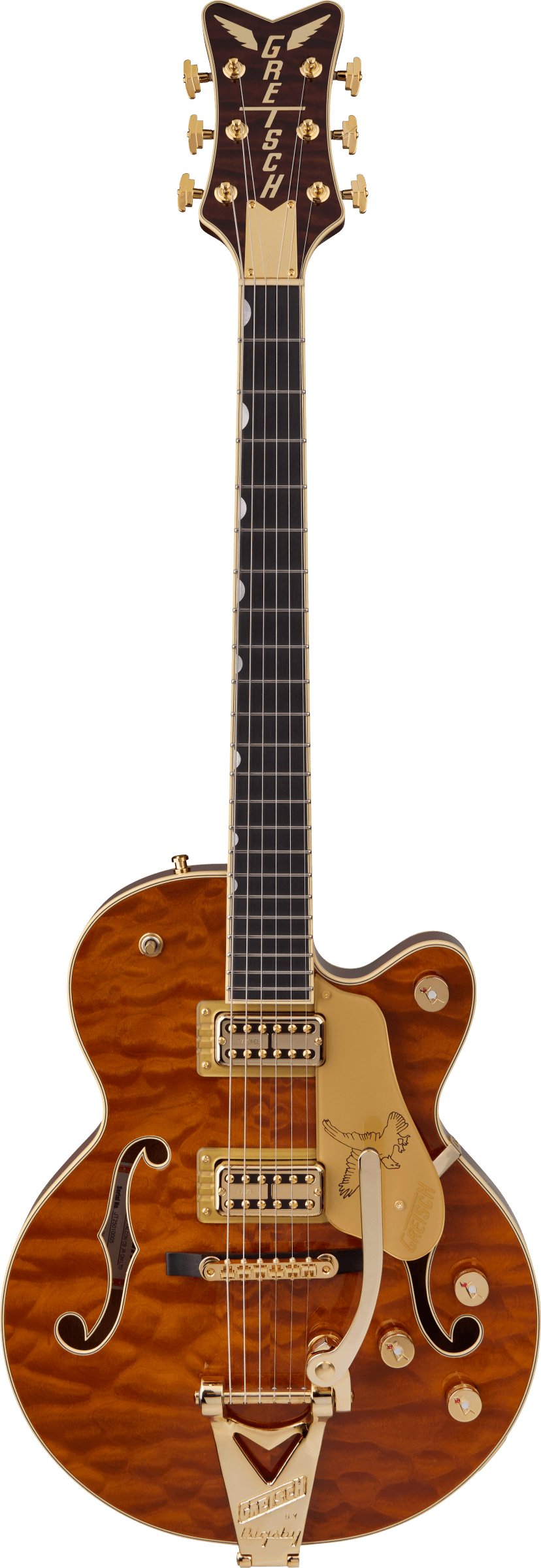 Full frontal of Gretsch Limited Edition Falcon Center Block Jr. Bigsby Quilted Maple Ebony Roundup Orange.