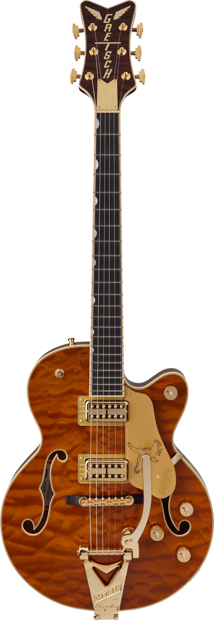 Full frontal of Gretsch Limited Edition Falcon Center Block Jr. Bigsby Quilted Maple Ebony Roundup Orange.