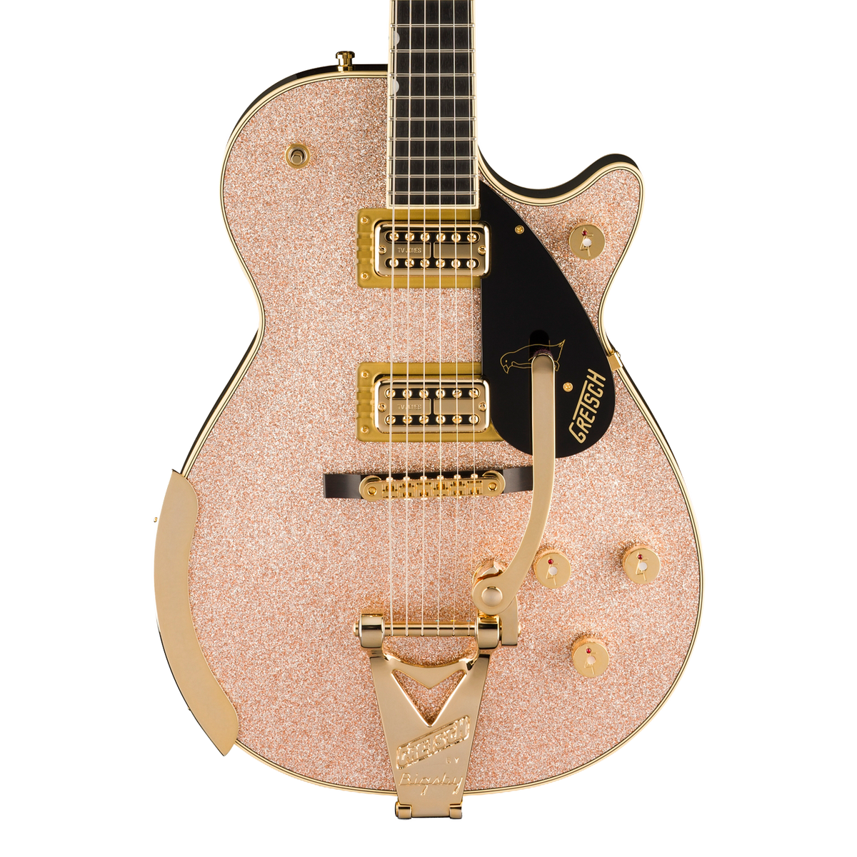 Front of Gretsch Limited Pro Penguin Champagne Sparkle.