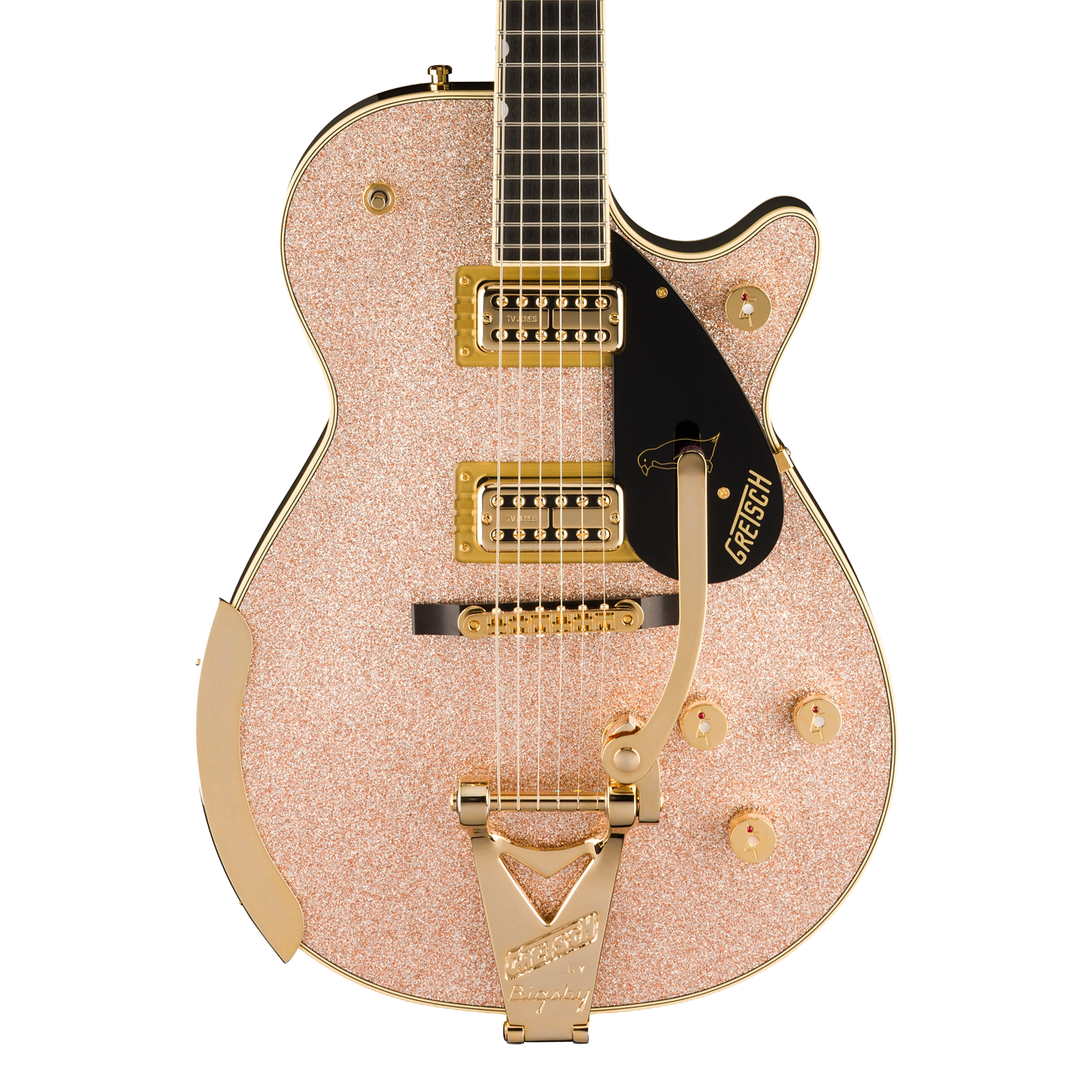 Front of Gretsch Limited Pro Penguin Champagne Sparkle.