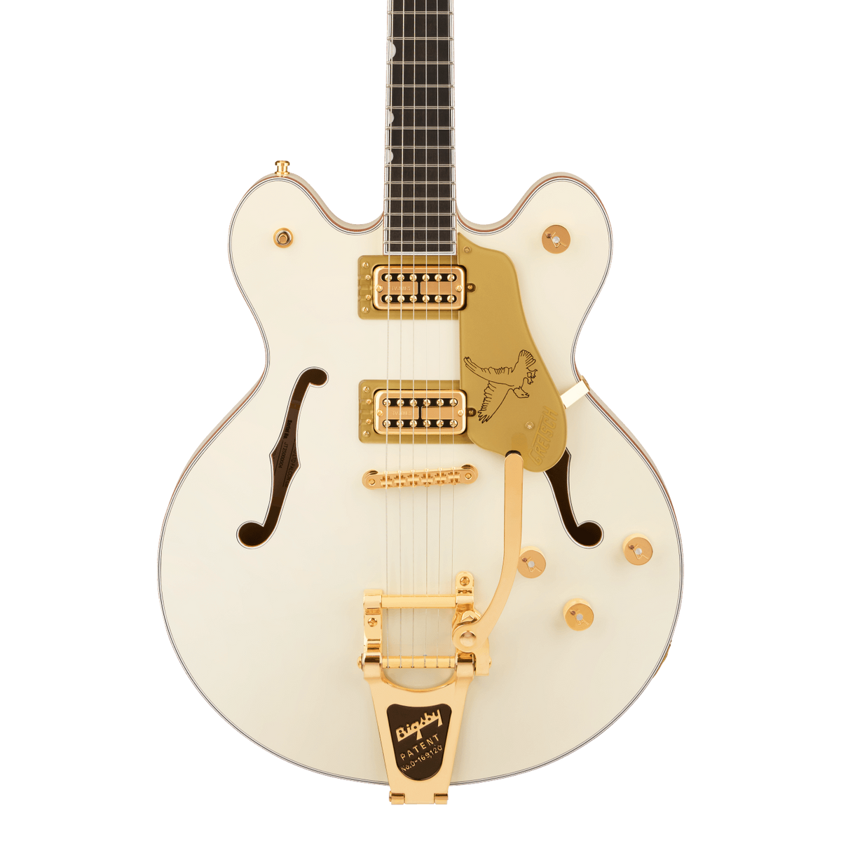 Front of Gretsch PRO Falcon Center Block LTD wString-Thru Bigsby Vintage White.