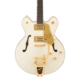 Front of Gretsch PRO Falcon Center Block LTD wString-Thru Bigsby Vintage White.