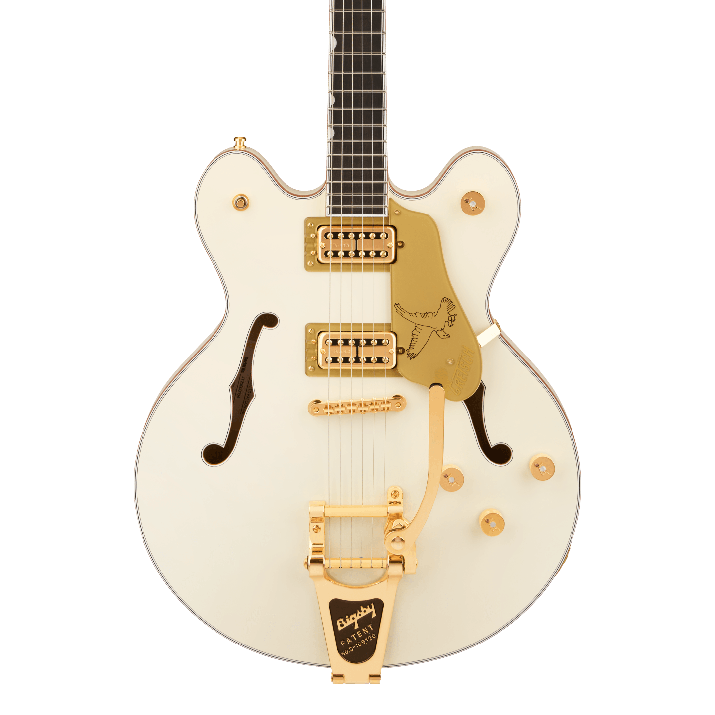 Front of Gretsch PRO Falcon Center Block LTD wString-Thru Bigsby Vintage White.
