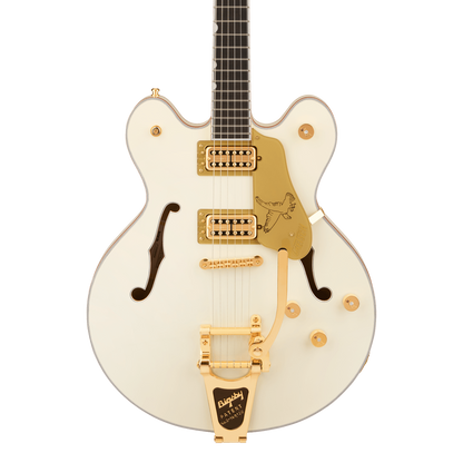 Front of Gretsch PRO Falcon Center Block LTD wString-Thru Bigsby Vintage White.