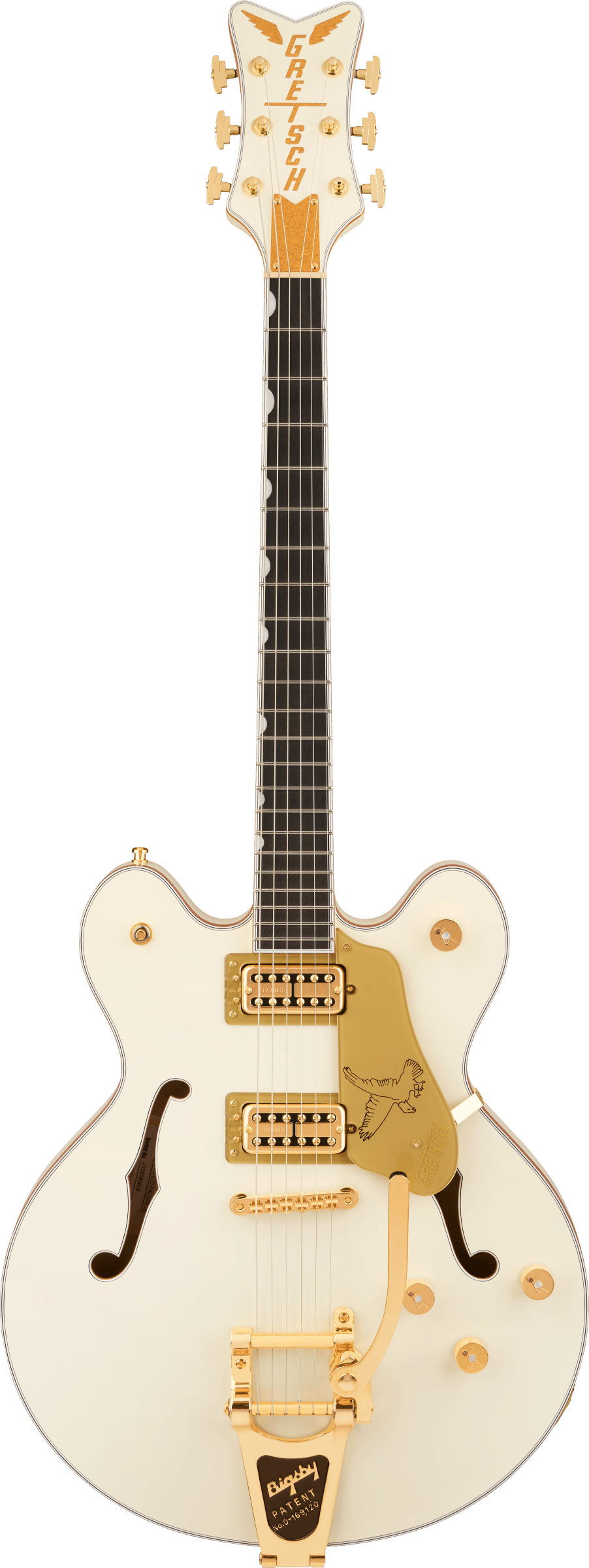 Full frontal of Gretsch PRO Falcon Center Block LTD wString-Thru Bigsby Vintage White.