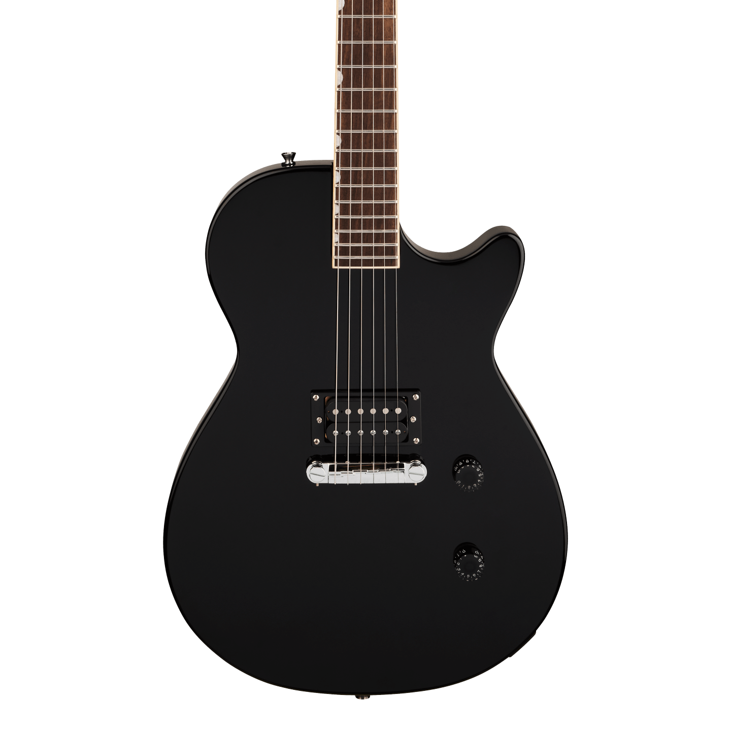 Front of Gretsch Streamliner Jet Club 1PU Jet Black.