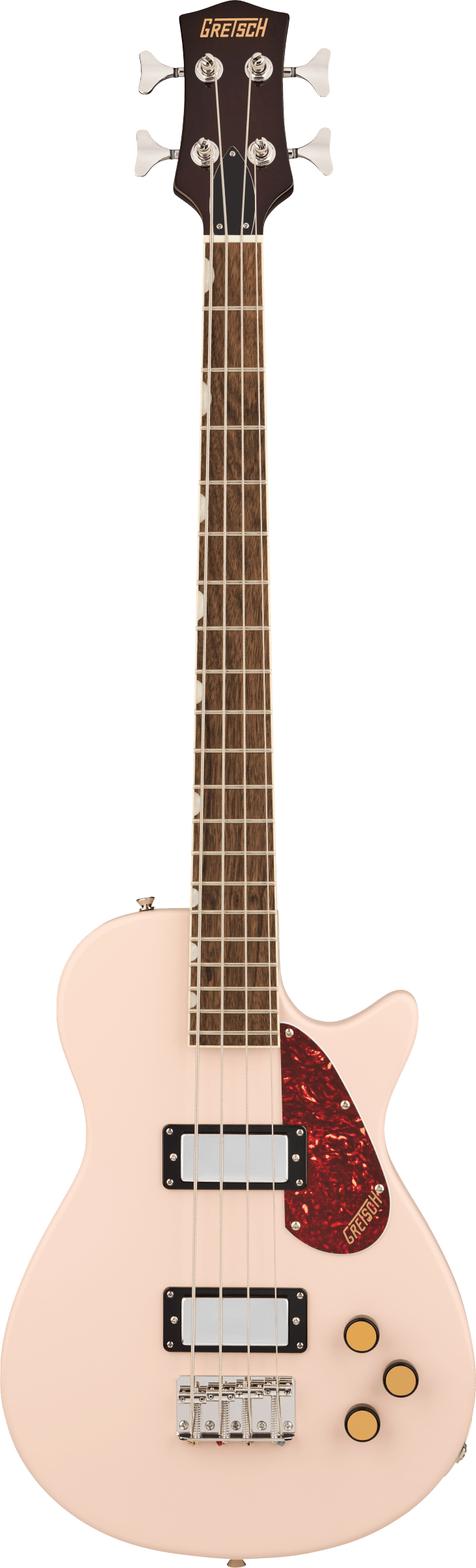 Full frontal of Gretsch Streamliner Jet Club Bass Shell Pink.