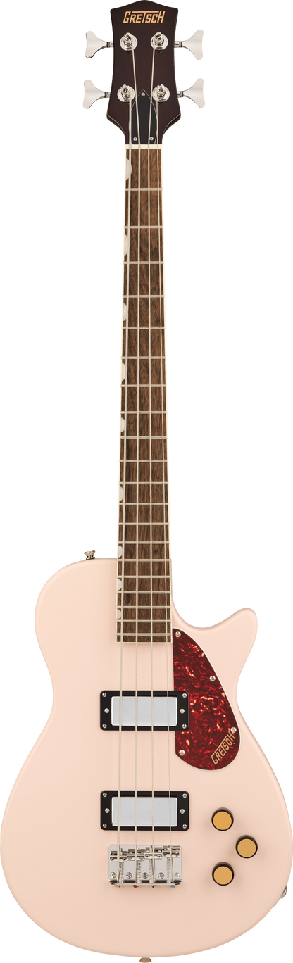 Full frontal of Gretsch Streamliner Jet Club Bass Shell Pink.