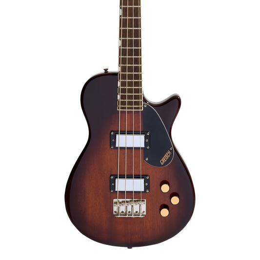 Front of Gretsch Streamliner Jet Club Bass Single-Cut Laurel Fingerboard Havana Burst.