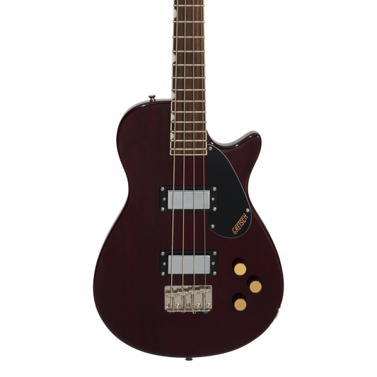 Front of Gretsch Streamliner Jet Club Bass Single-Cut Laurel Fingerboard Walnut Stain.