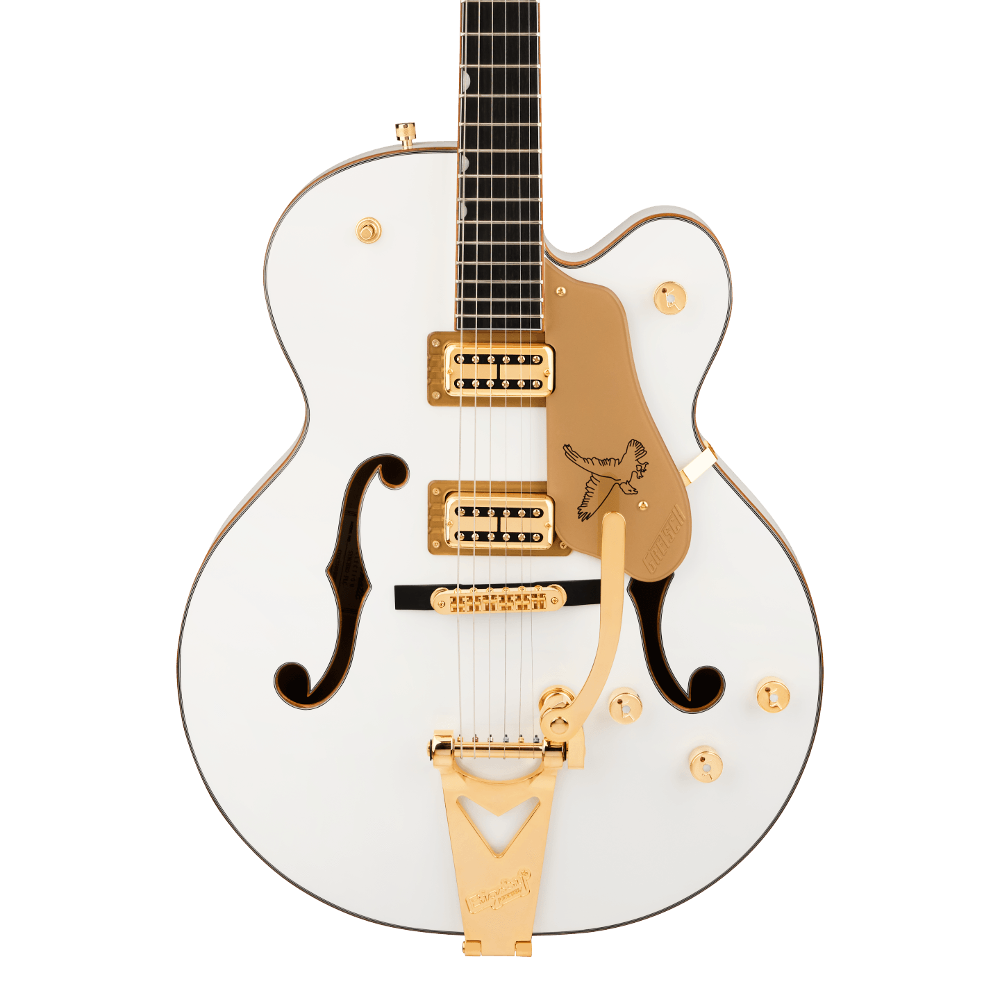 Front of Gretsch Synchromatic Falcon Single-Cut w/Bigsby Snowcrest White.