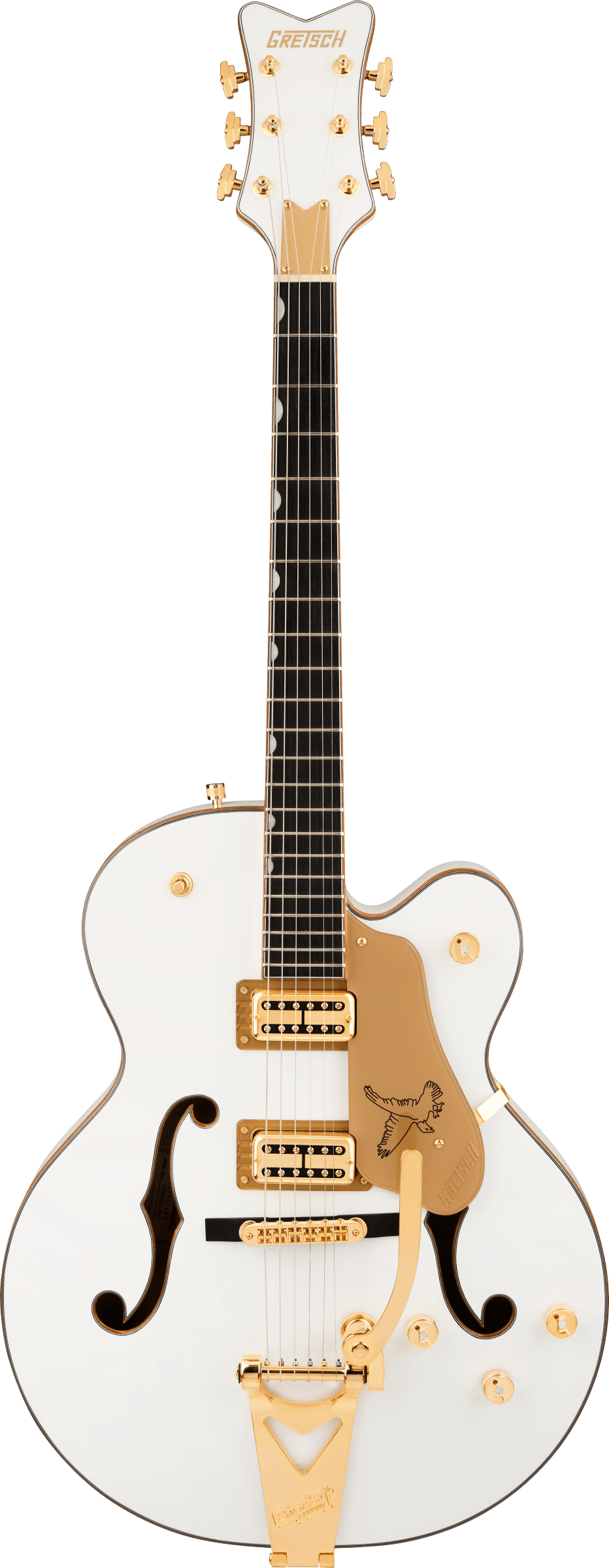 Full frontal of Gretsch Synchromatic Falcon Single-Cut w/Bigsby Snowcrest White.